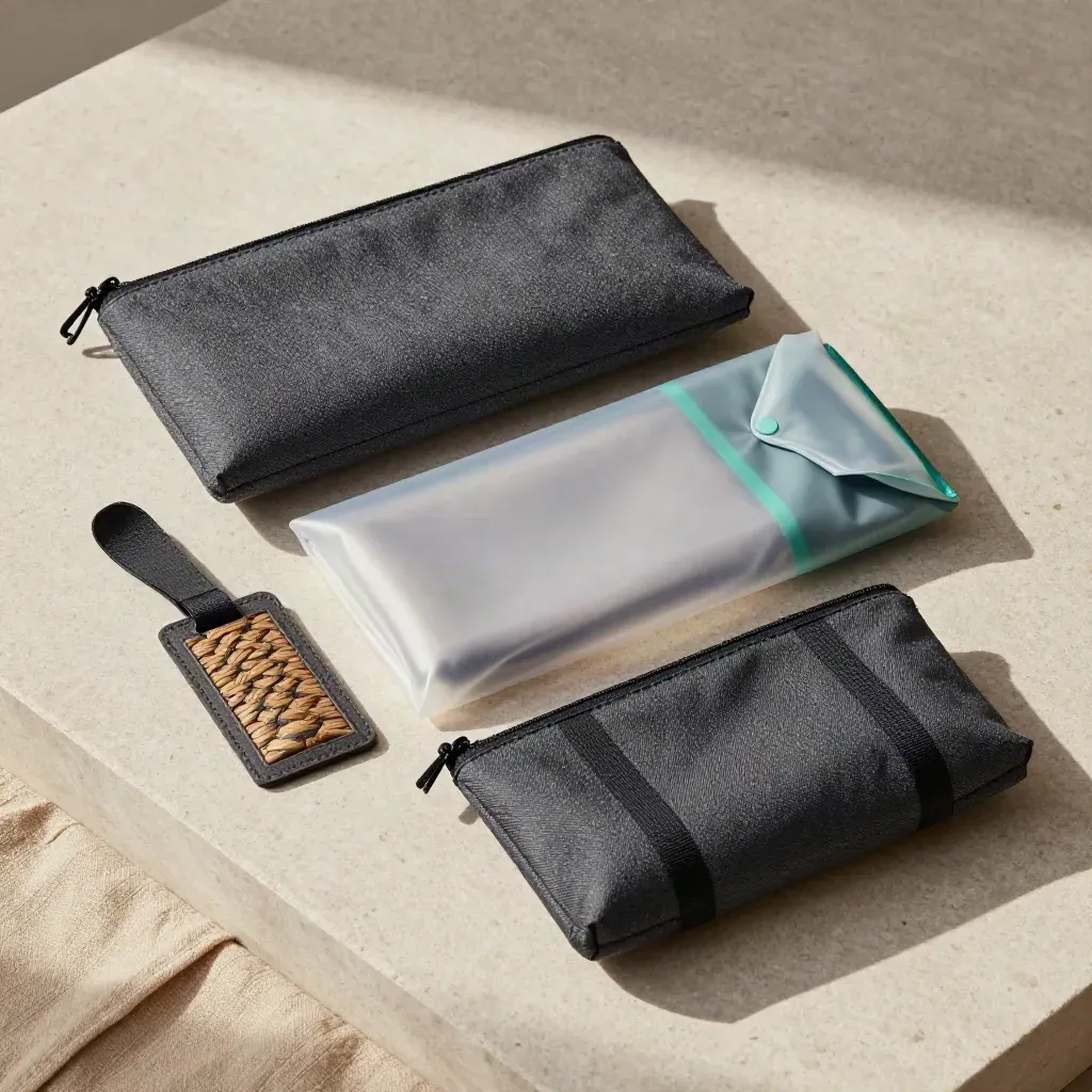 Flatlay of a sleep kit, rain poncho, coach tag and toiletries pouch on stone with teal accents.