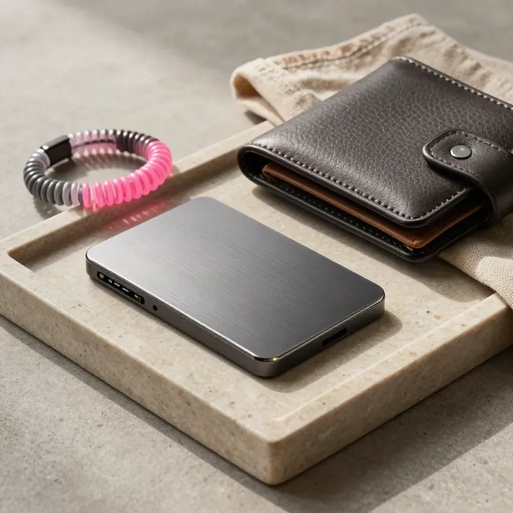 Blank card reader, contactless card, wallet and wristband coil on a stone tray in soft light.