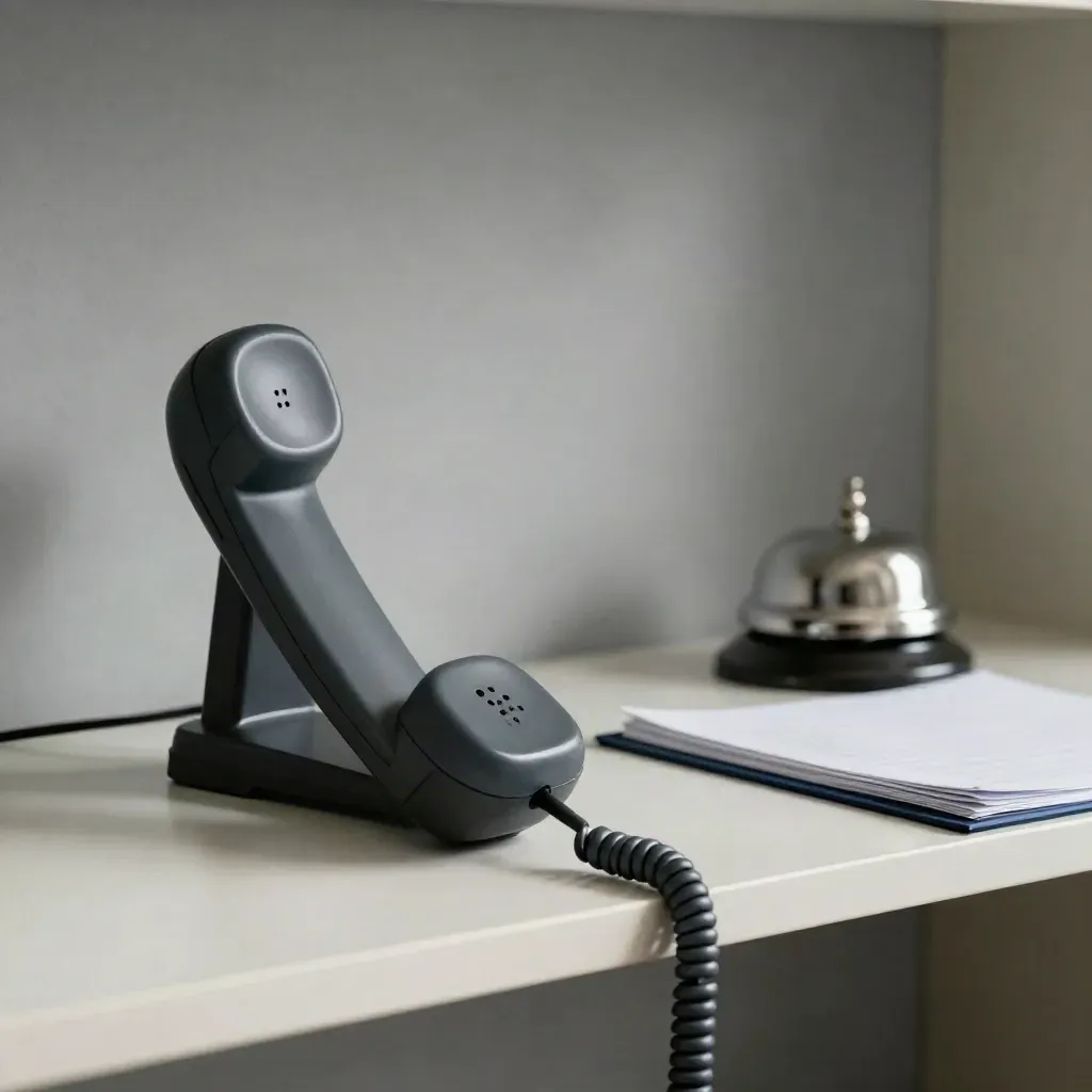 Phone handset, headset stand, support bell and folded help folder on a pale shelf