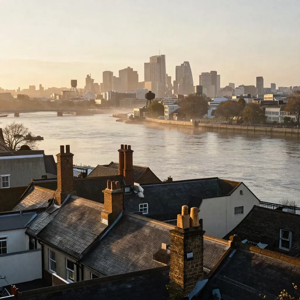 Golden-hour Thames panorama with East London rooftops and misty river below