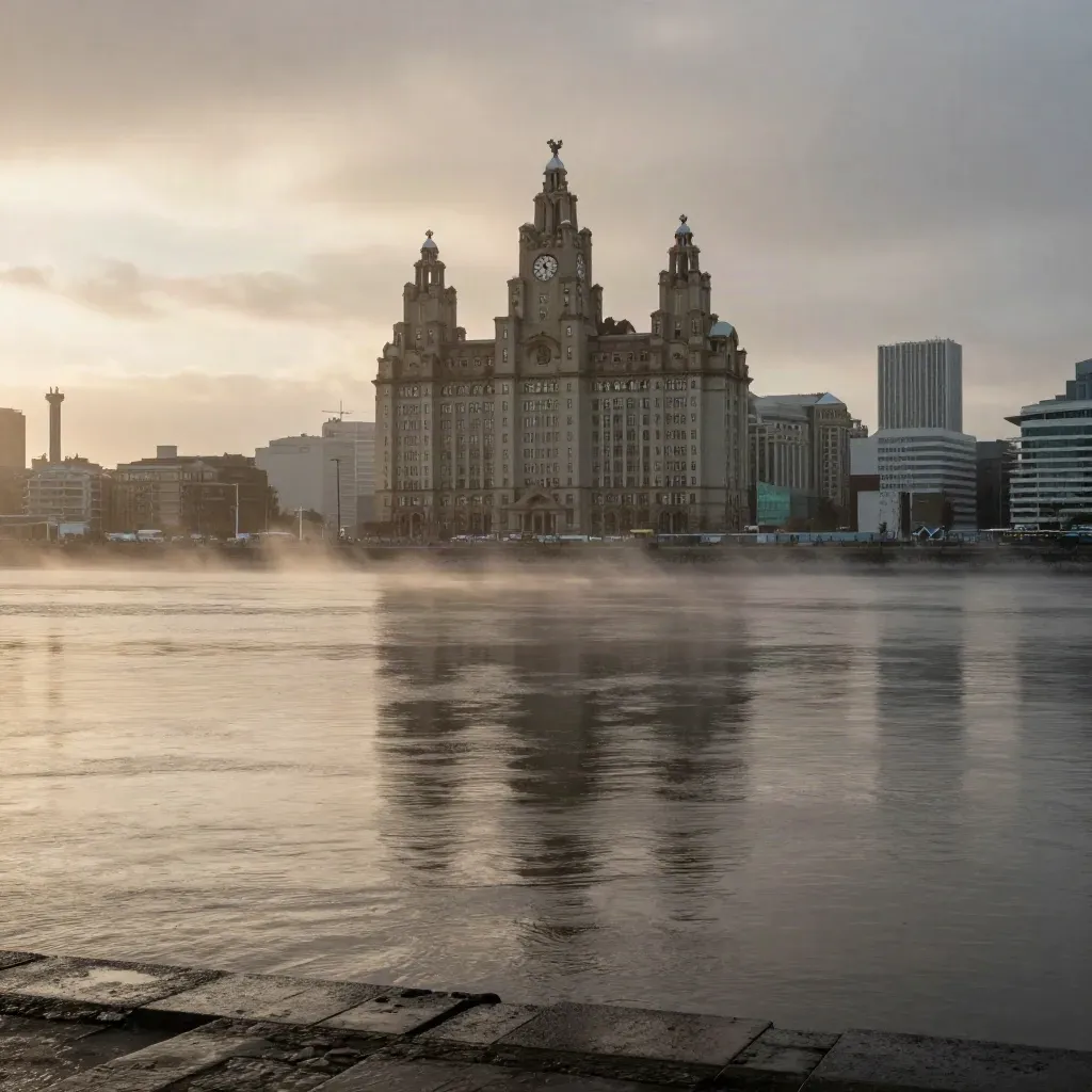 Liverpool waterfront at blue hour with the Three Graces above calm Mersey mist