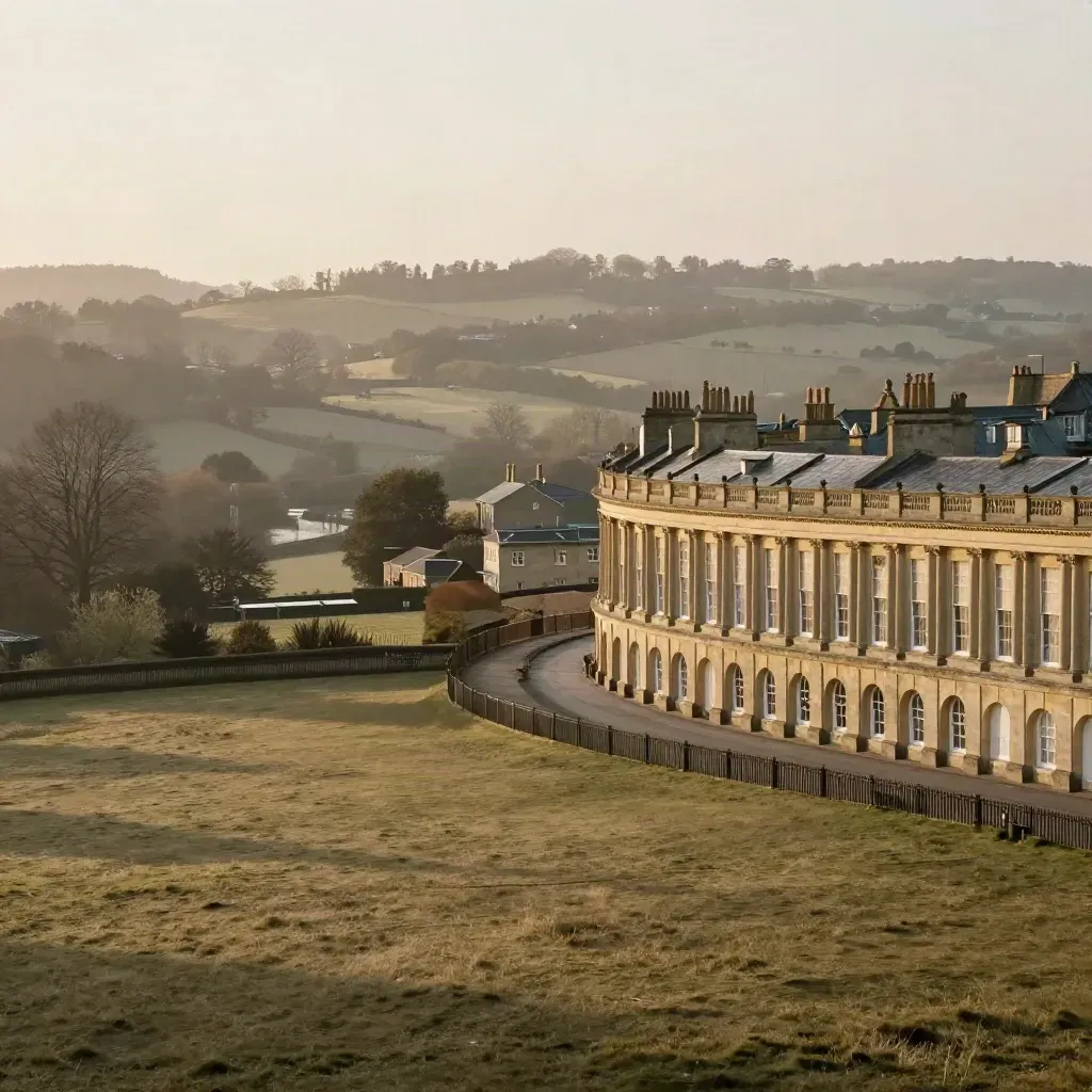 Bath stone terraces above the Avon valley in warm late-afternoon haze