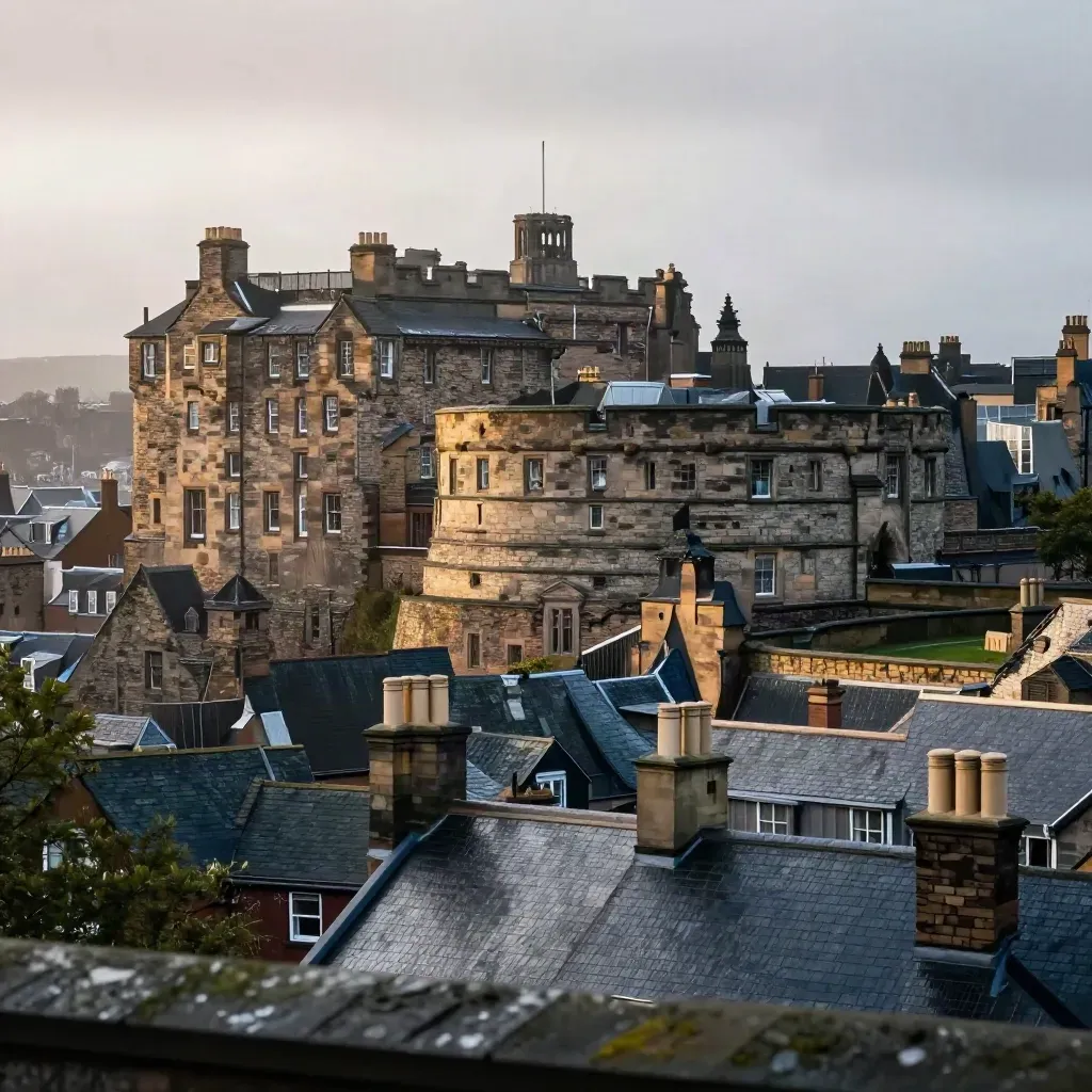 Edinburgh Castle and Old Town ridge over slate roofs in mist at dusk.