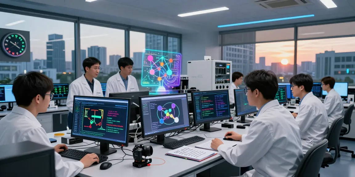 Scientists collaborating on quantum computing algorithms in a modern lab with advanced technology.
