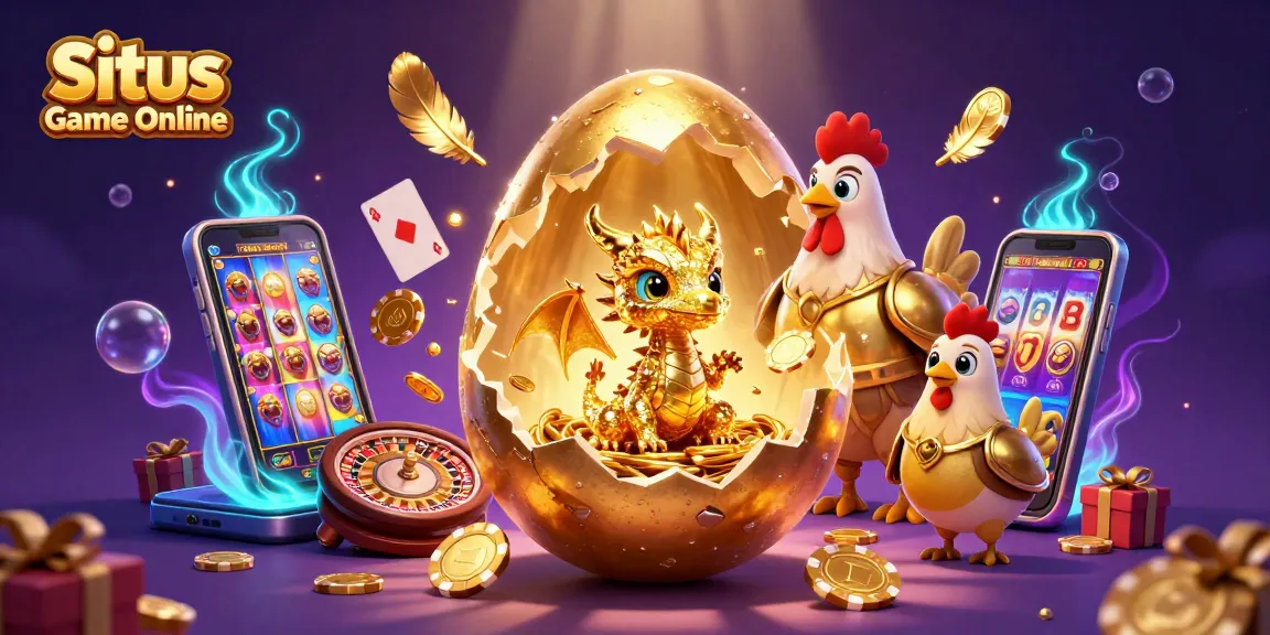 Engage with Situs Game Online as a golden egg reveals a baby dragon amidst dynamic gaming elements.