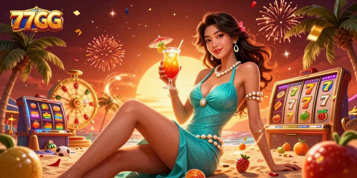 Engage with 77GG at the tropical casino, experiencing vibrant slot game excitement amidst an energetic celebration.