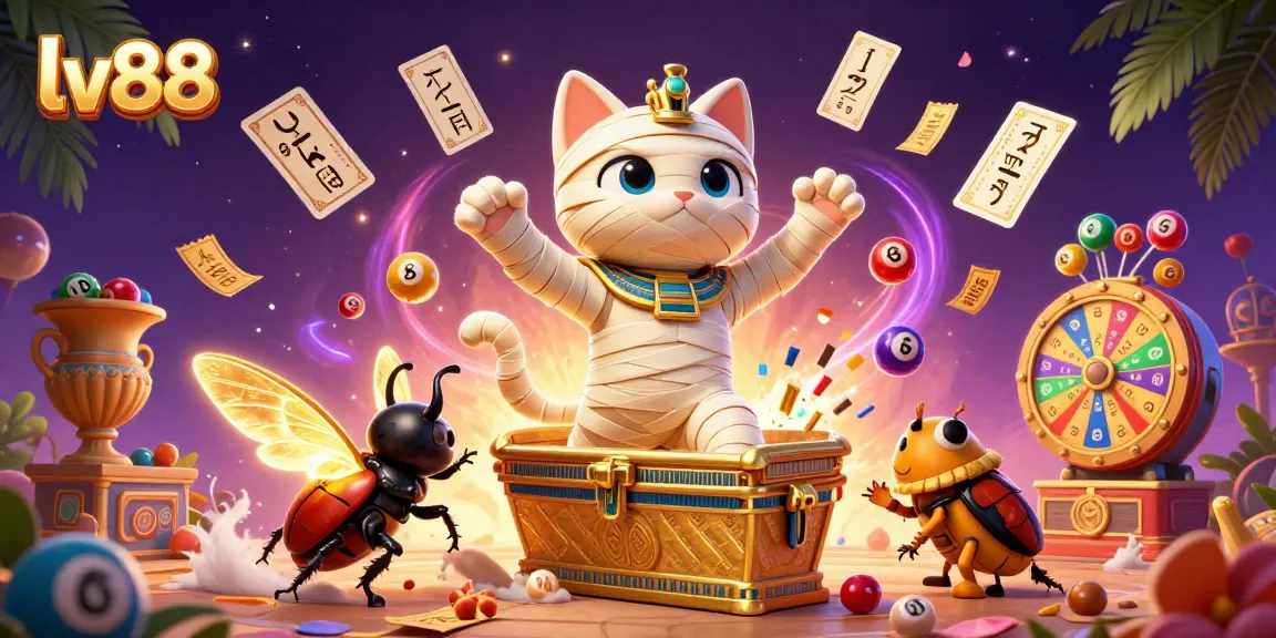 Join the action at lv88 with a vibrant, dynamic casino scene featuring a mummy cat and vivid game elements.