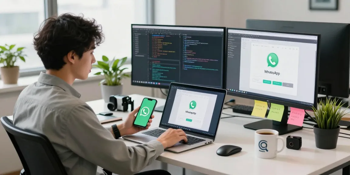 Person downloading WhatsApp下載 on laptop in a tech workspace with modern gadgets and coding environment.