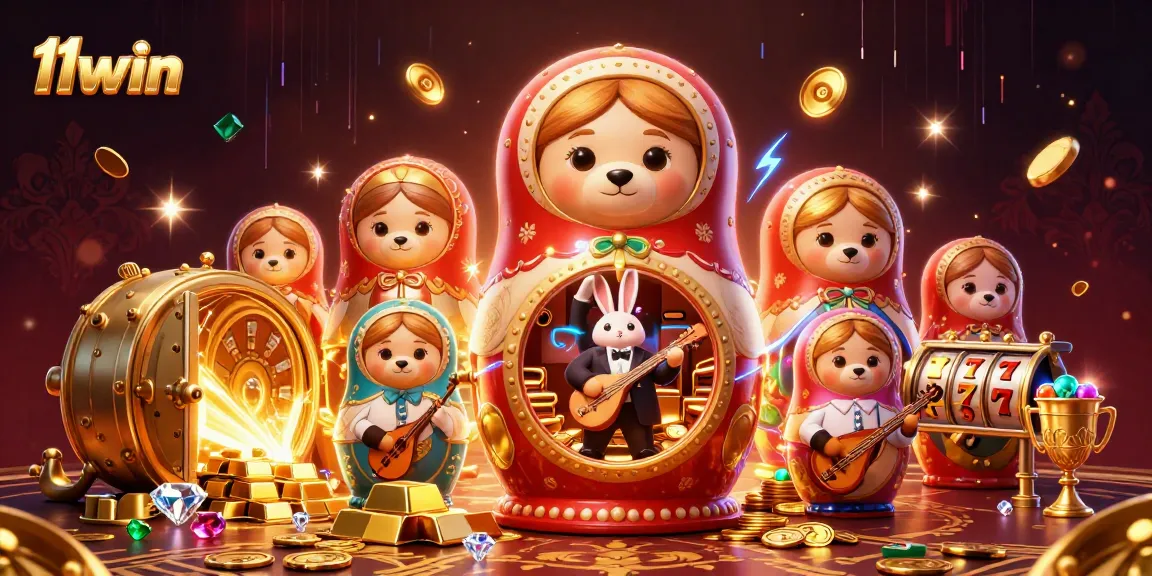 Engage with 11win's captivating casino scene featuring playful characters and vibrant treasures.