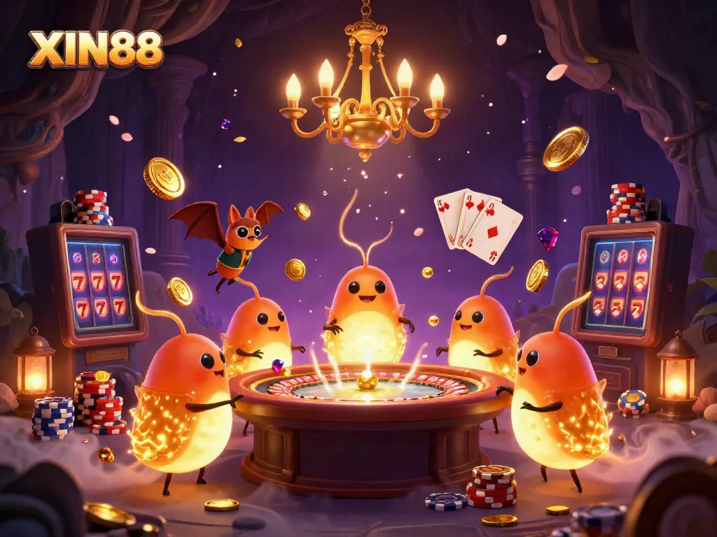 XIN88 illuminates the gaming experience with glowing glowworms, coins, and neon lights in a vibrant casino.