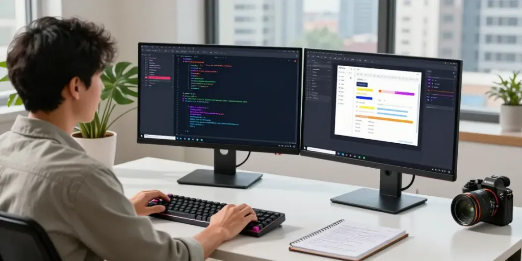 Sponsored software articles in a modern developer workspace featuring coding and UI design elements.