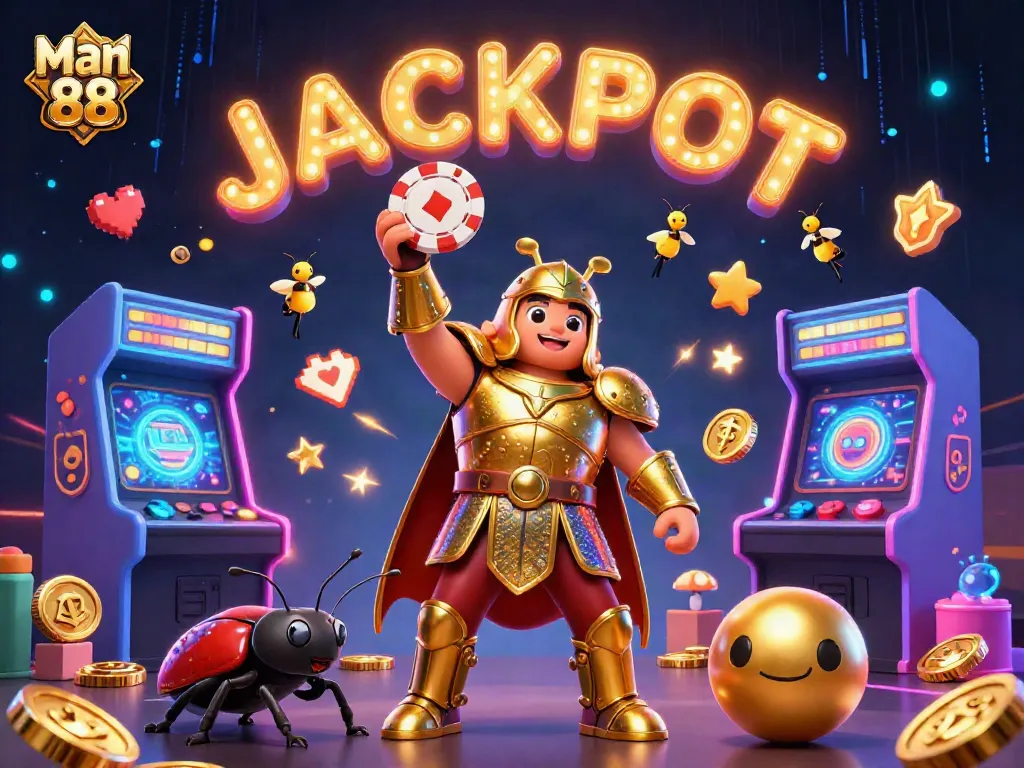 Engage with Man 88's vibrant gaming scene featuring a victorious beetle and exciting casino elements.