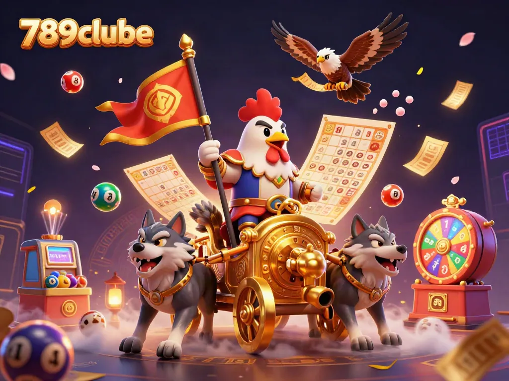 Engage with 789clube’s dynamic gaming atmosphere featuring a rooster warlord and colorful lottery elements.