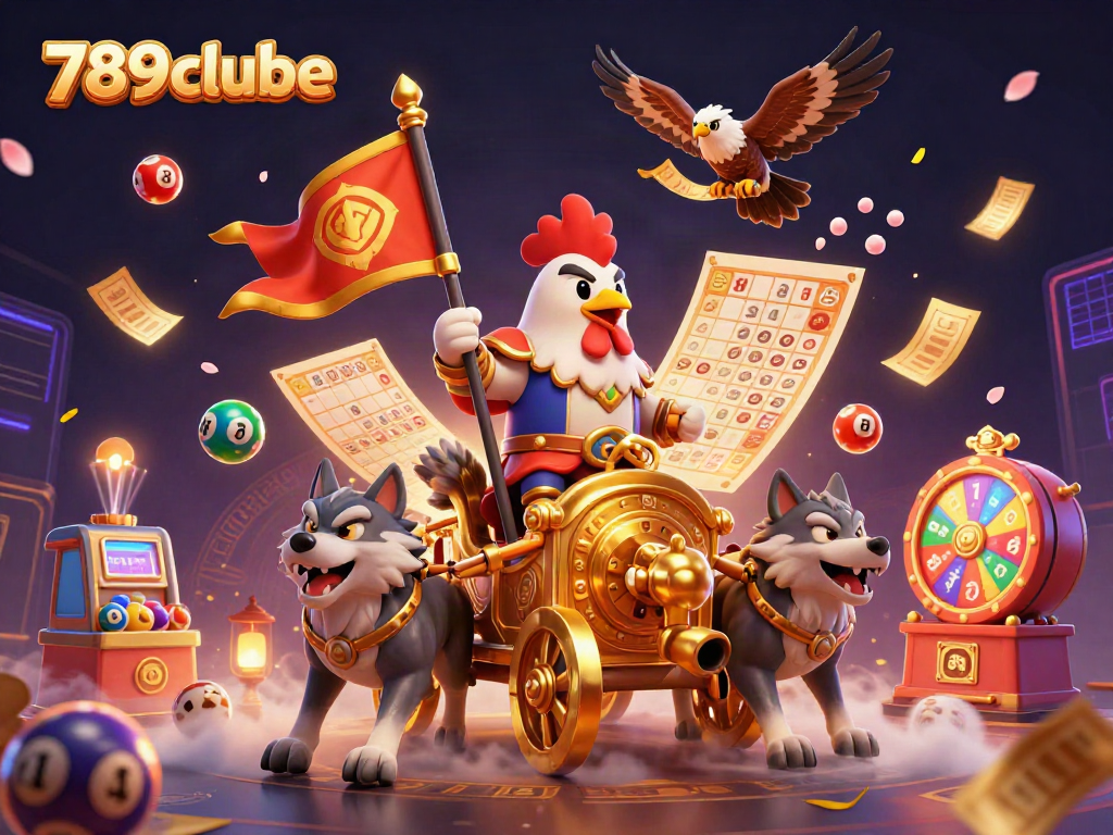 Engage with 789clube’s dynamic gaming atmosphere featuring a rooster warlord and colorful lottery elements.