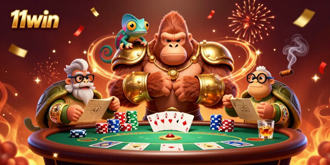 11win poker scene featuring a gorilla king, tortoise elder, and a chameleon spy.
