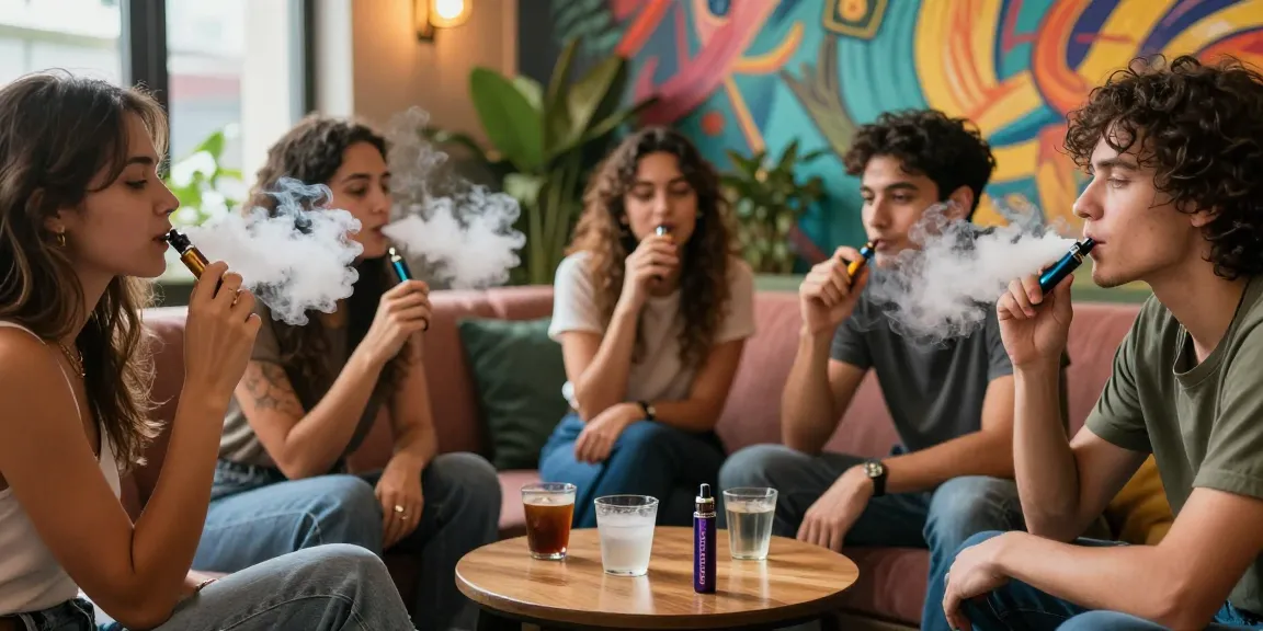Group of friends enjoying THC vapes in a vibrant urban lounge atmosphere.