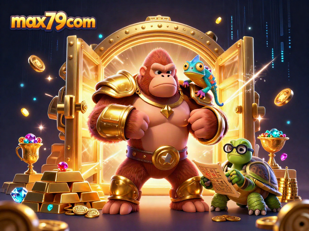 Experience max79com's vibrant casino adventure featuring characters and treasure in a dynamic scene.