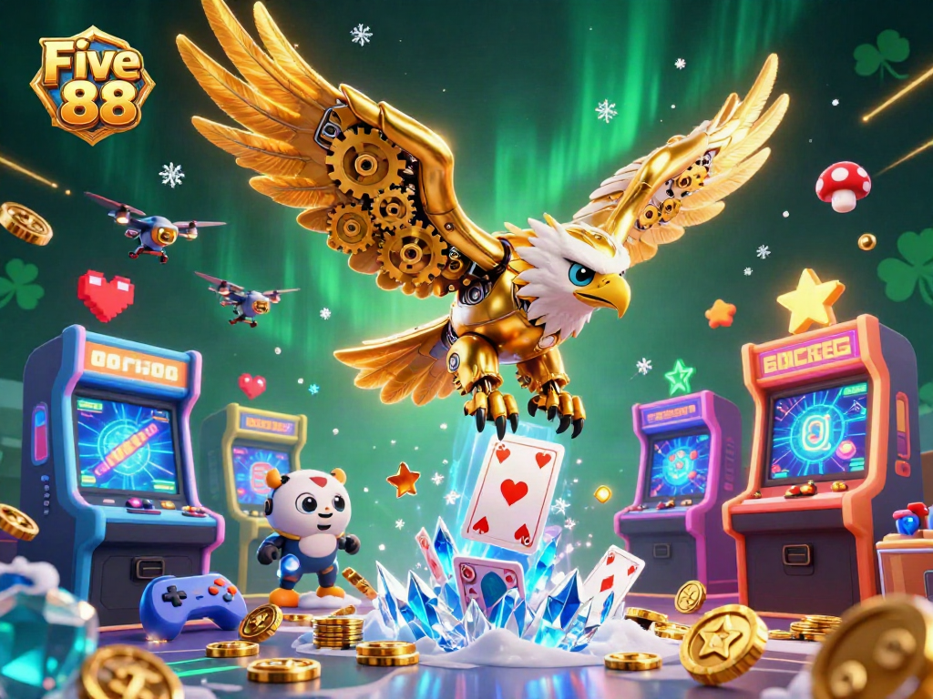 Experience thrilling gameplay at Five 88 with a cybernetic eagle soaring through vibrant casino elements.