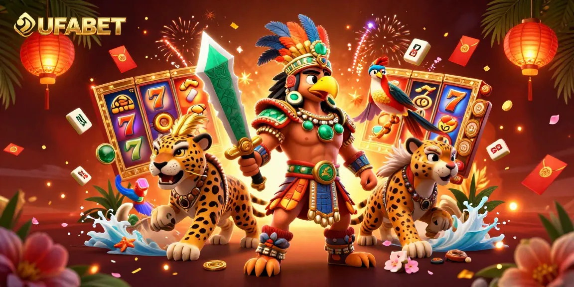 Experience the thrill of UFABET with dynamic slot reels and vibrant characters in a casino setting.