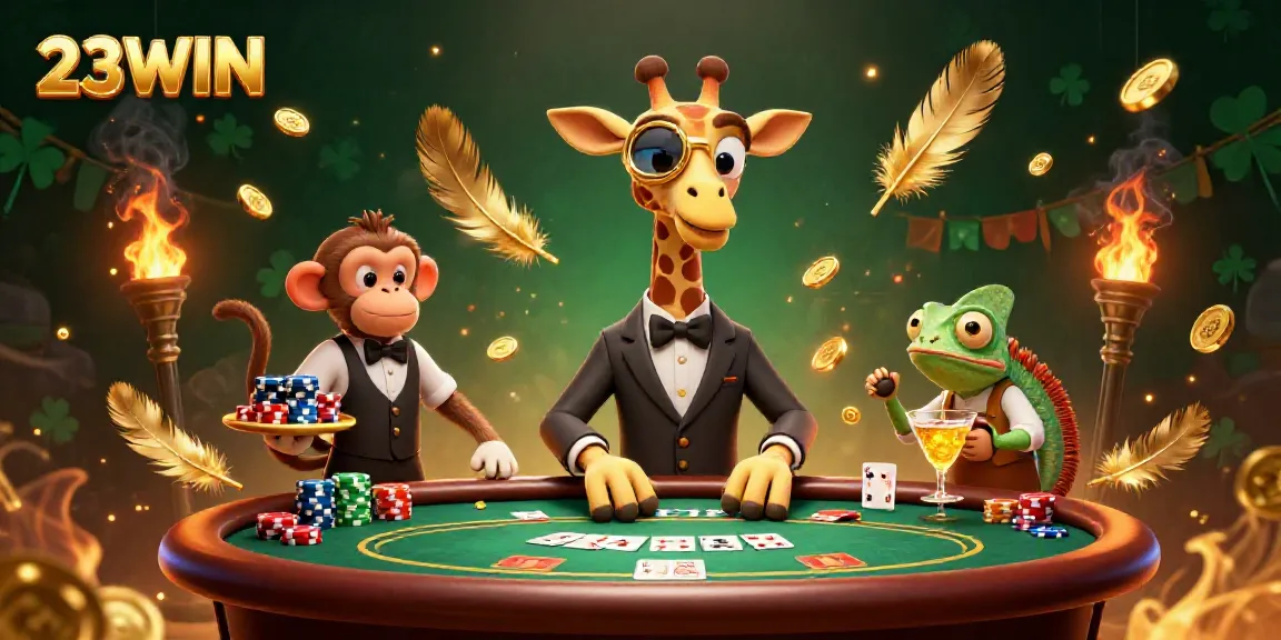Experience thrilling action at 23WIN casino with a high-roller giraffe and a monkey valet.