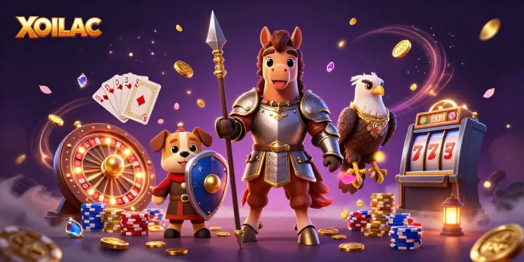 Experience the excitement of XOILAC with a knight, horse, and games in a vibrant gaming scene.