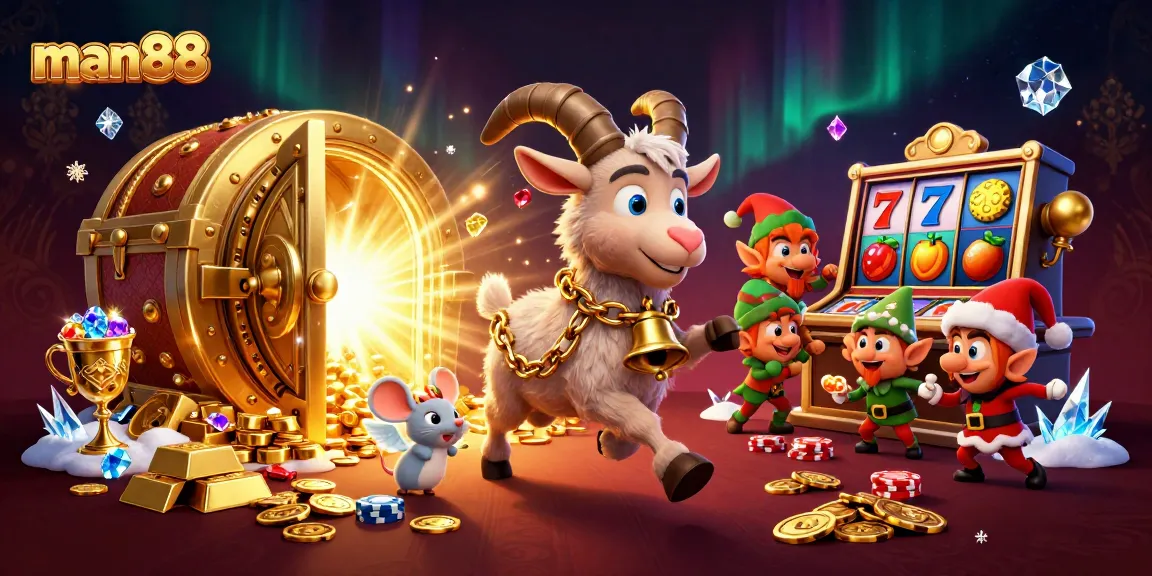 Experience man88's thrilling casino adventure with Krampus and friends in this festive 3D illustration.