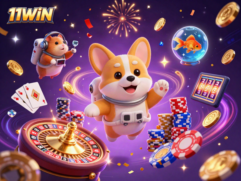 Experience excitement with 11WIN as a floating astronaut corgi navigates a space casino.