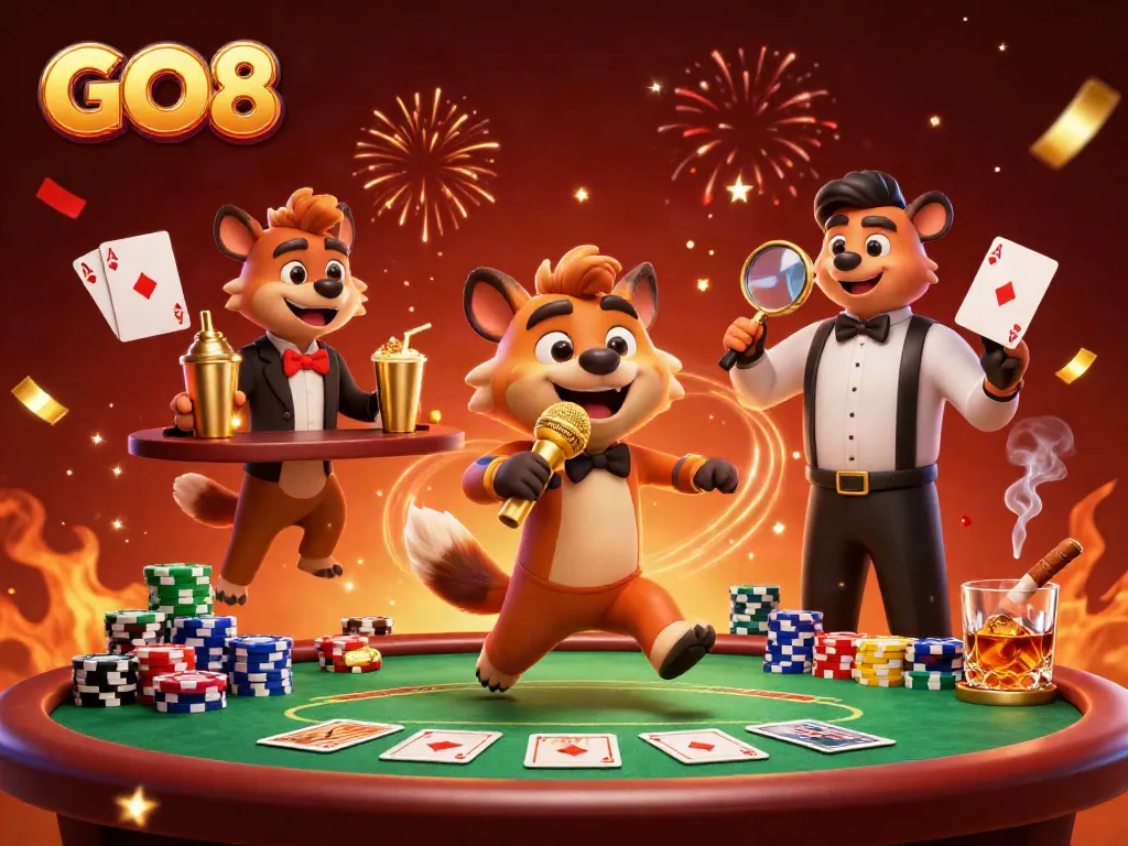 Hyenas entertain at the GO8 comedy casino, featuring poker games and festive ambiance.