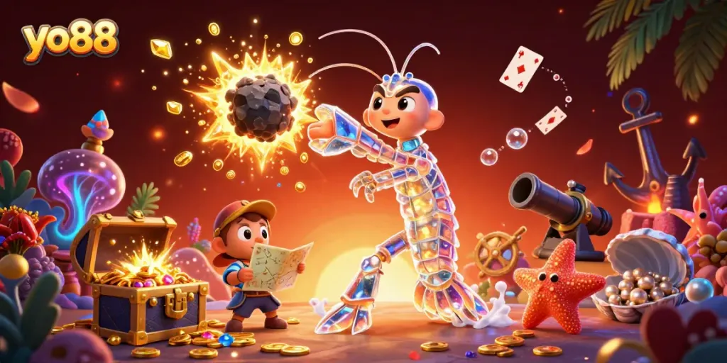 Experience thrilling wins at yo88 with a vibrant 3D scene featuring a galactic samurai mantis shrimp surrounded by treasures.