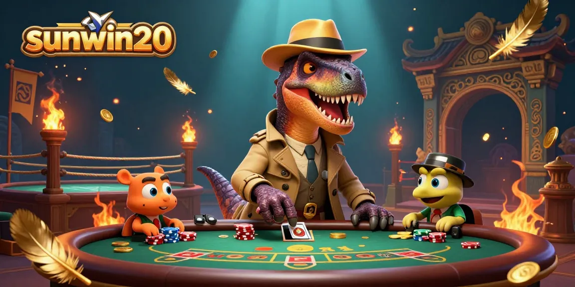 Experience thrilling gameplay at sunwin20 with a heist-like scene featuring cartoon dinosaurs in a packed casino atmosphere.