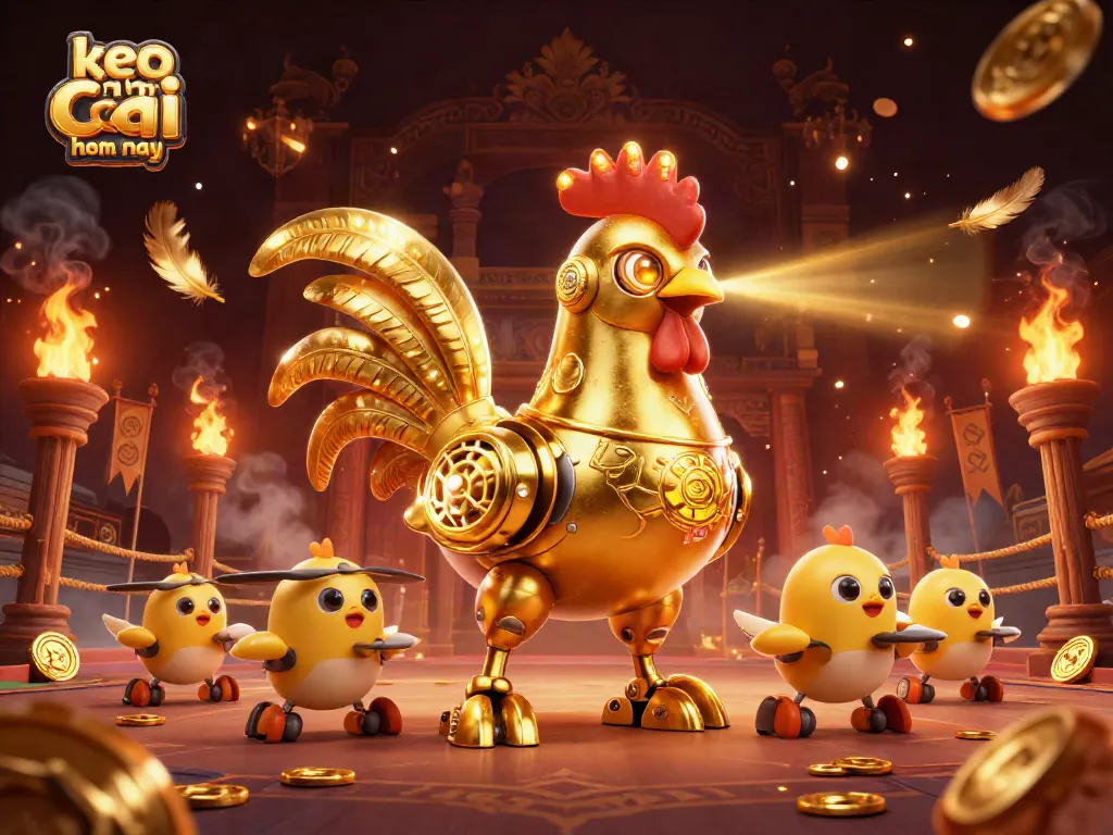 Engage with keo nha cai hom nay using golden rooster robot and baby chick drones in vibrant 3D illustration.