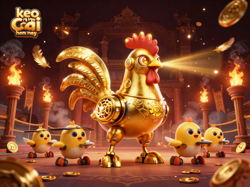 Engage with keo nha cai hom nay using golden rooster robot and baby chick drones in vibrant 3D illustration.