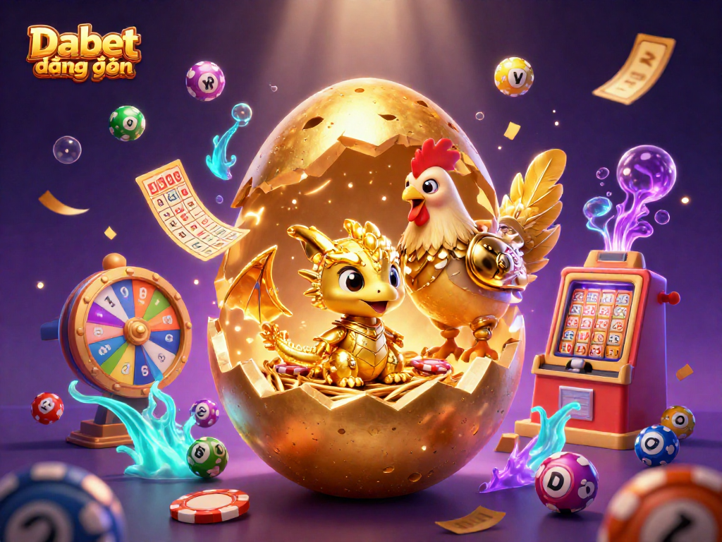 Experience the thrill of Dabet đăng nhập as a gold baby dragon emerges from a giant egg amidst dynamic casino games.