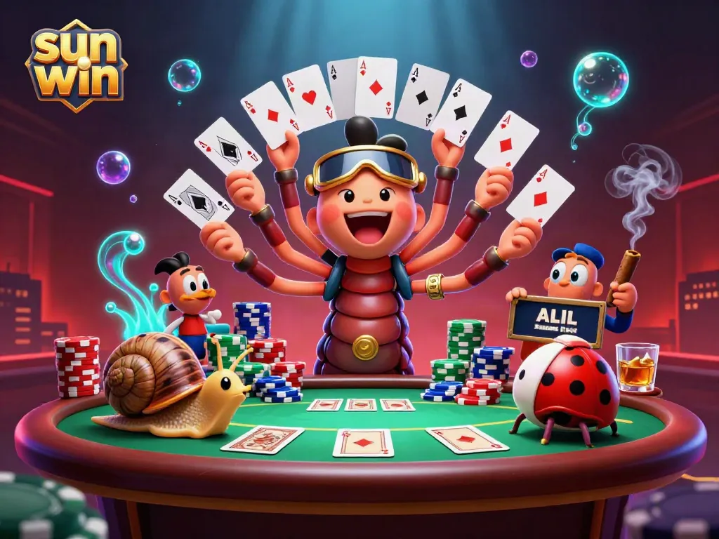 Engage in thrilling gameplay at sun win, featuring a lively dealer and high-rollers at the poker table.