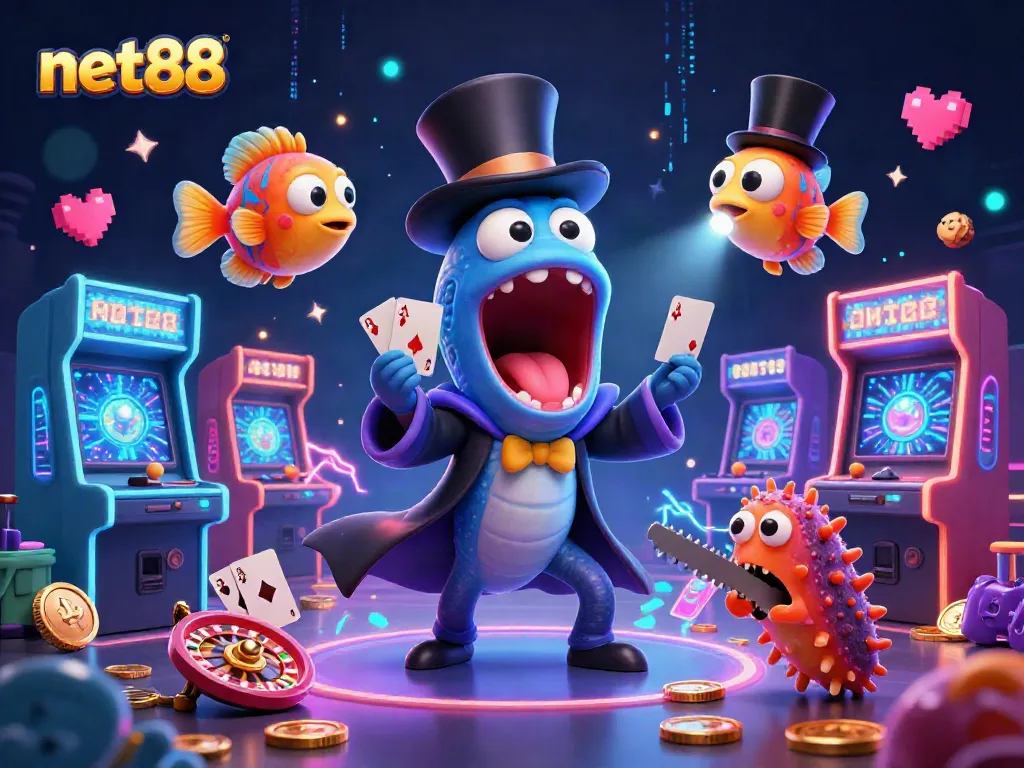 Engage with net88 as the deep-sea eel performs thrilling card tricks amidst a vibrant casino gaming scene.