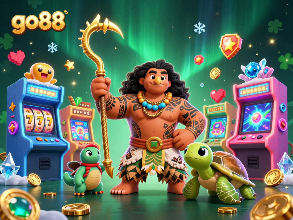 Experience thrilling gameplay with go88's Polynesian-style characters amidst vibrant casino elements.