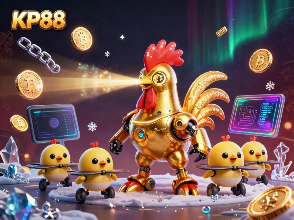 Engage in KP88 casino excitement with a futuristic golden rooster robot and crypto-themed elements.