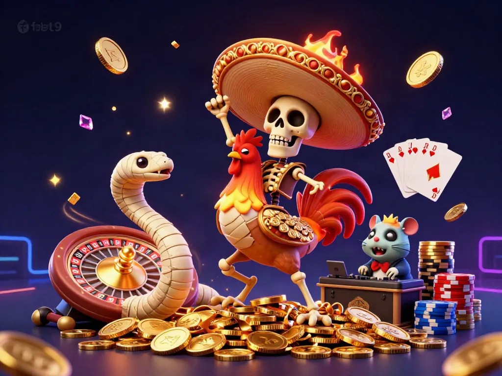 Experience the thrilling celebration of febet9 with a vibrant 3D scene of whimsical characters and dynamic casino elements.