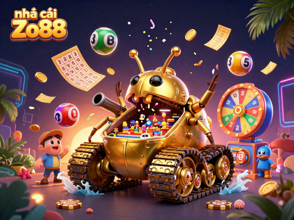 Experience the excitement at nhà cái Zo88 with a dynamic illustration featuring a golden beetle tank casino overflowing with colorful lottery elements.