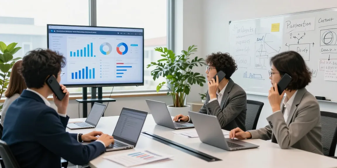 Team discussing business phone service strategies in a modern office