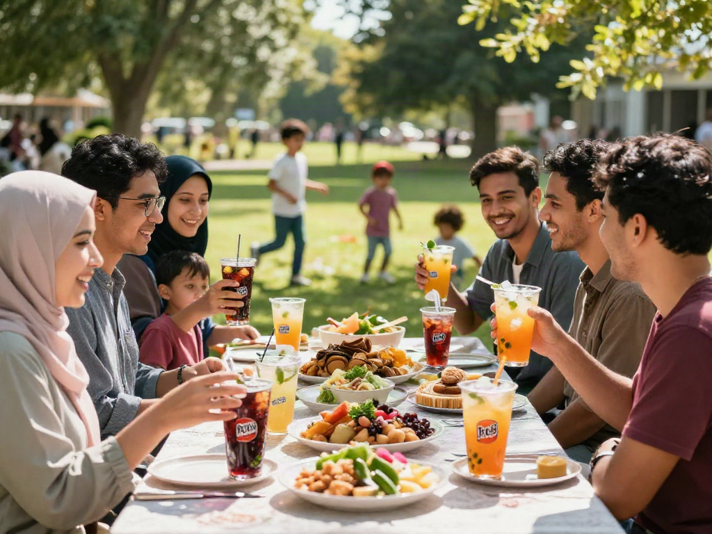 Family enjoying ROKOK88 soda fresh drinks outdoors during Ramadan picnic.
