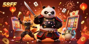 Experience thrilling casino vibes with the vibrant 58FF illustration featuring a dynamic samurai panda and ninja fox.