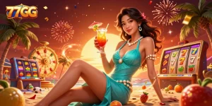 Engage with 77GG at the tropical casino, experiencing vibrant slot game excitement amidst an energetic celebration.