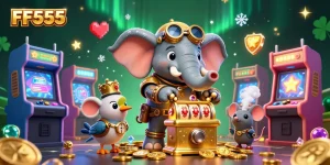 Spin to win at FF555 with a steampunk elephant engineer and vibrant gaming visuals for an engaging casino experience.