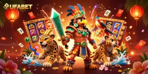 Experience the thrill of UFABET with dynamic slot reels and vibrant characters in a casino setting.