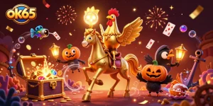 Experience the thrill at ok65 casino with a vibrant 3D illustration featuring a golden rooster and festive elements.