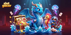 Experience the excitement of slot gacor with vibrant characters playing amidst gold coins and neon lights.