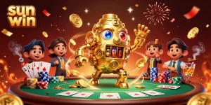 Experience the thrilling action of sun win with a vibrant poker scene featuring a golden golem and stacked chips.