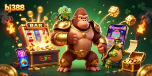 Experience winning excitement with bj388 in a vibrant 3D casino scene featuring dynamic game elements and colorful characters.