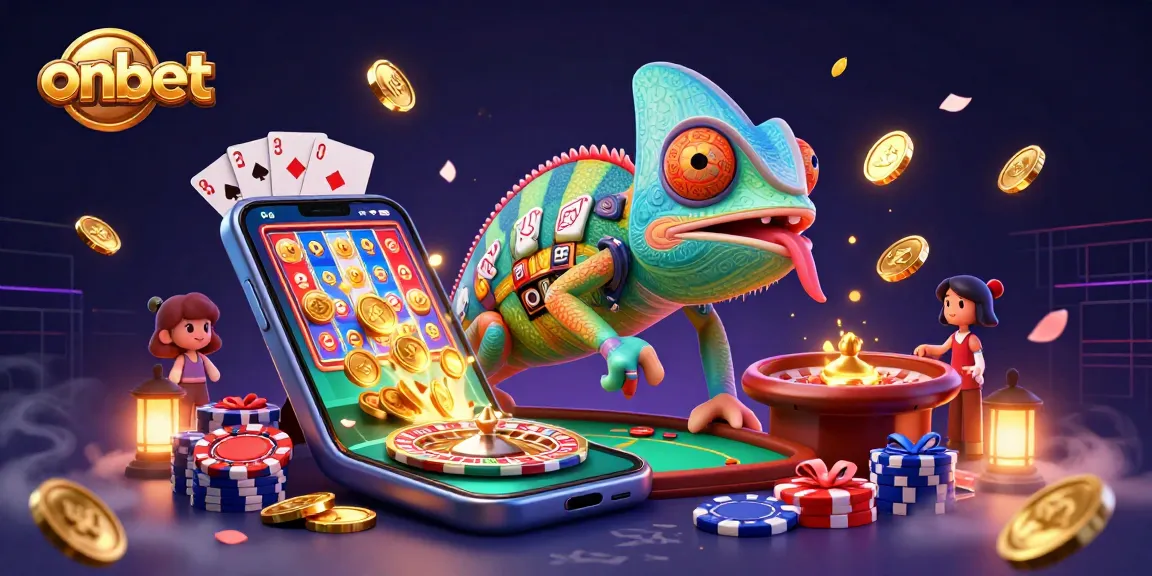 Engage with onbet's vibrant casino experience featuring the dynamic chameleon casino owner amidst spinning slot games and golden coins.